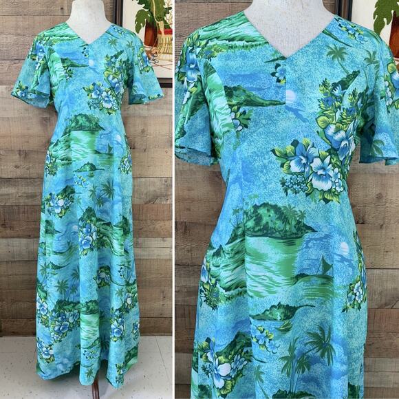 Vintage 1970’s Royal Hawaiian Maxi Dress Floral Empire Waist Flutter Sleeve Tiki - Picture 1 of 10